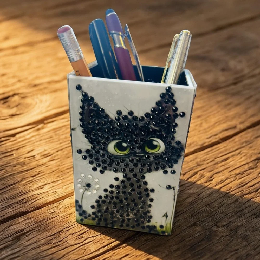 Hand Crafted Diamond Art Cat Design Pen Holder and Note Box Set